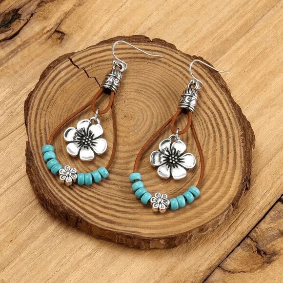 Boho Western Flower Turquoise Beaded Dangle Earrings - Picture 2 of 5